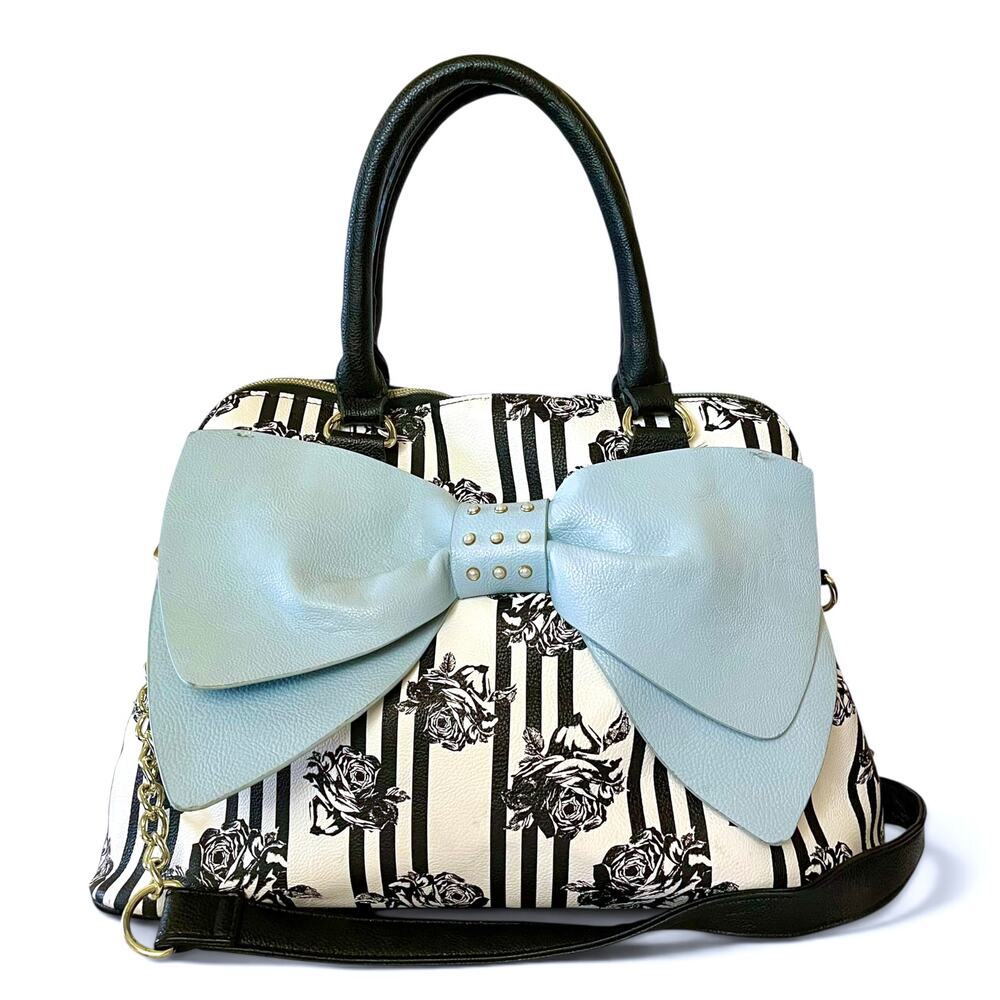 Betsey Johnson Blue Bow Faux Leather Floral Stripe Dome Satchel Bag Handbag